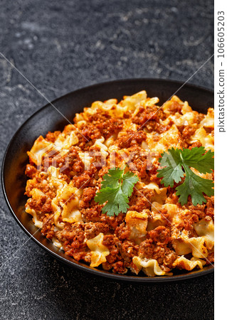 Lasagnette bolognese in black bowl, top view Lasagnette bolognese in black bowl, top view 106605203