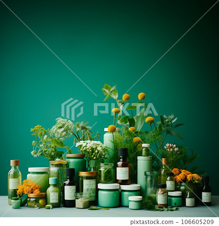 Vitamins, dietary supplements, medicinal herbs, on a green background. 106605209