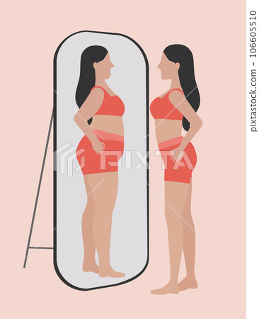 Woman losing weight and wearing exercise clothes,posing near mirror, woman feeling satisfied with results of her diet and slimming,Vector illustrations. 106605510