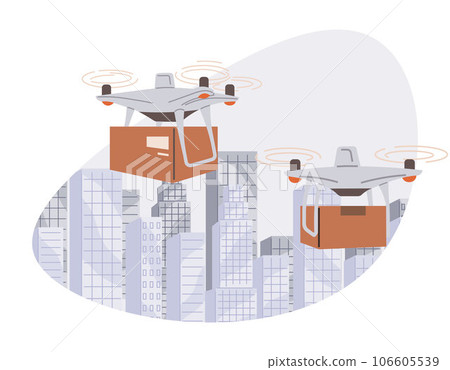 Delivery service with copter, shipping parcel package. Transportation of goods using flying copter. Future technologies online delivery of boxes. Helicopter, quadcopter with box smart urban logistics 106605539