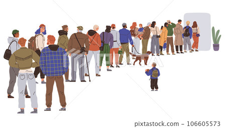 Big queue. Many multitude people. Vector illustration. The crowd was orderly, with everyone queuing in organized manner As queue moved forward, crowd people shuffled along People in queue chatted Big queue. Many multitude people. Vector illustration. The crowd was orderly, with everyone queuing in organized manner As queue moved forward, crowd people shuffled along People in queue chatted 106605573