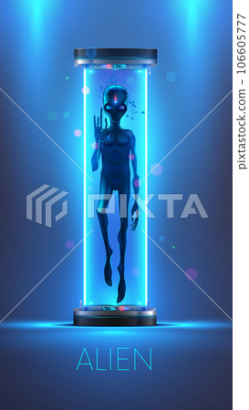 Scary Alien in glass capsule in laboratory. Captive alien in scientific research chamber in Zone 51. Creepy full-length space alien floats in liquid in hibernation chamber. Anthropomorphic creature. 106605777