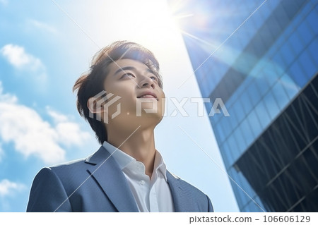 Businessman looking up to the blue sky 106606129