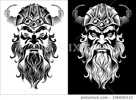 Viking Warrior Man Strong Mascot Face in Helmet Viking Warrior Man Strong Mascot Face in Helmet 106606310