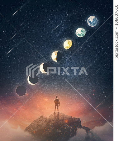 Wonderful scene with a person on the top of a mountain watching the moon phases on the starry night sky. Astronomy and astrology conceptual scene. Lunar calendar and beautiful celestial signs Wonderful scene with a person on the top of a mountain watching the moon phases on the starry night sky. Astronomy and astrology conceptual scene. Lunar calendar and beautiful celestial signs 106607010