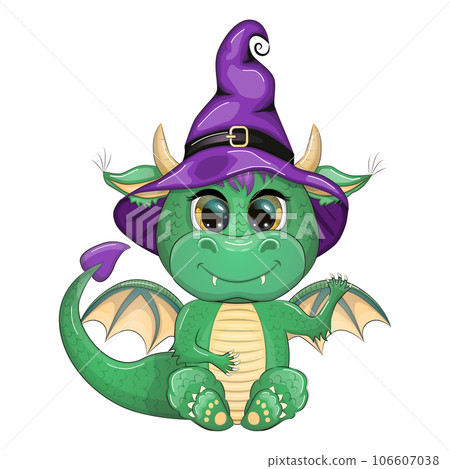 Cute cartoon green dragon in a purple magic hat, Halloween. Pumpkin, potion, broom. Symbol of 2024 according to the Chinese calendar Cute cartoon green dragon in a purple magic hat, Halloween. Pumpkin, potion, broom. Symbol of 2024 according to the Chinese calendar 106607038