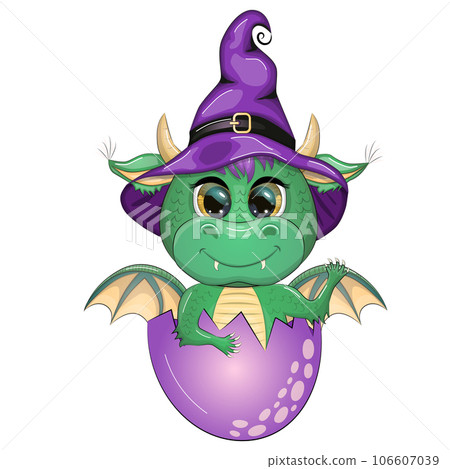 Cute cartoon green dragon in a purple magic hat, Halloween. Pumpkin, potion, broom. Symbol of 2024 according to the Chinese calendar 106607039