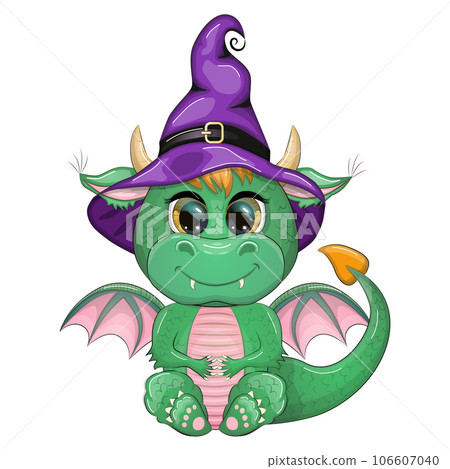 Cute cartoon green dragon in a purple magic hat, Halloween. Pumpkin, potion, broom. Symbol of 2024 according to the Chinese calendar 106607040