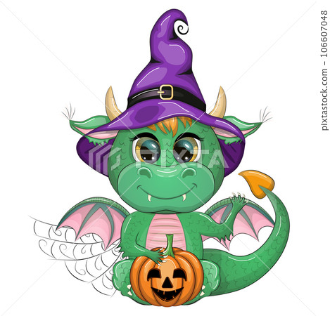 Cute cartoon green dragon in a purple magic hat, Halloween. Pumpkin, potion, broom. Symbol of 2024 according to the Chinese calendar 106607048