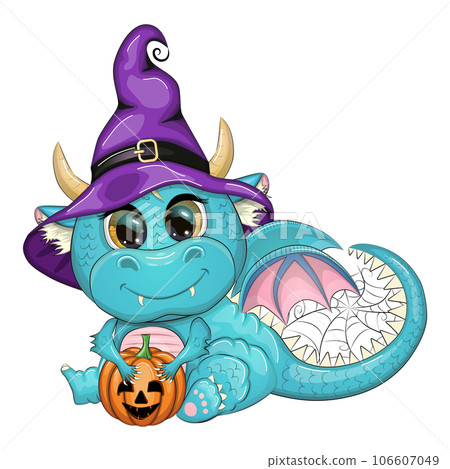 Cute cartoon green dragon in a purple magic hat, Halloween. Pumpkin, potion, broom. Symbol of 2024 according to the Chinese calendar 106607049