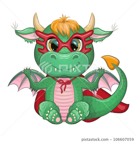 Cute cartoon green baby dragon in a red cape, super hero savior. Symbol of 2024 according to the Chinese calendar 106607059
