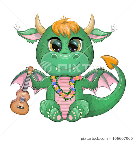 Cute cartoon green baby dragon with ukulele, holiday paraphernalia. Symbol of 2024 according to the Chinese 106607060