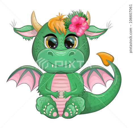 Cute cartoon green baby dragon with ukulele, holiday paraphernalia. Symbol of 2024 according to the Chinese Cute cartoon green baby dragon with ukulele, holiday paraphernalia. Symbol of 2024 according to the Chinese 106607061