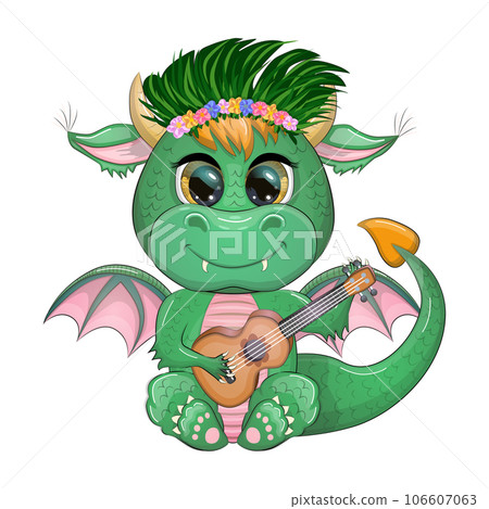 Cute cartoon green baby dragon with ukulele, holiday paraphernalia. Symbol of 2024 according to the Chinese 106607063