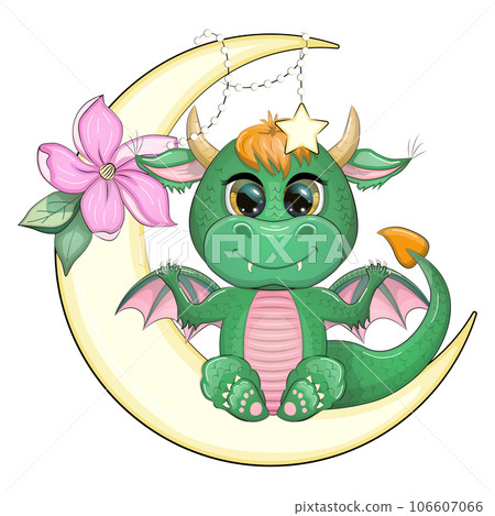 Cute cartoon green baby dragon on the moon. Symbol of 2024 according to the Chinese calendar. Cute cartoon green baby dragon on the moon. Symbol of 2024 according to the Chinese calendar. 106607066