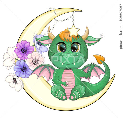 Cute cartoon green baby dragon on the moon. Symbol of 2024 according to the Chinese calendar. 106607067