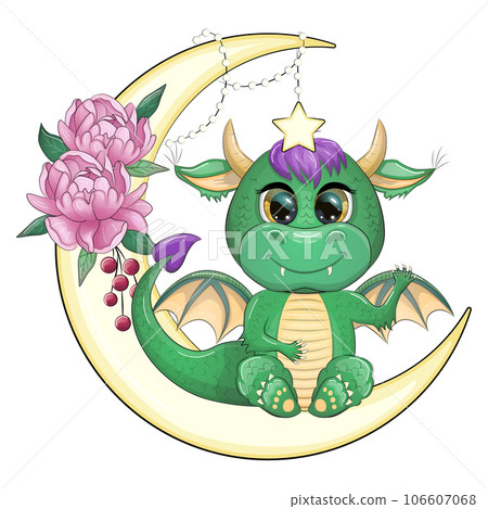 Cute cartoon green baby dragon on the moon. Symbol of 2024 according to the Chinese calendar. 106607068