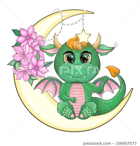 Cute cartoon green baby dragon on the moon. Symbol of 2024 according to the Chinese calendar. 106607073