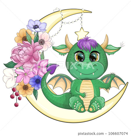 Cute cartoon green baby dragon on the moon. Symbol of 2024 according to the Chinese calendar. 106607074