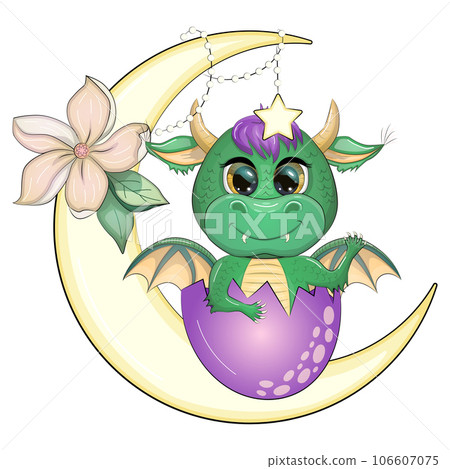 Cute cartoon green baby dragon on the moon. Symbol of 2024 according to the Chinese calendar. Cute cartoon green baby dragon on the moon. Symbol of 2024 according to the Chinese calendar. 106607075