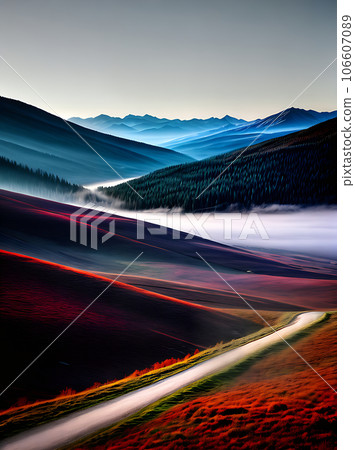 mountainous landscapes misty atmosphere artful hues. mountainous landscapes misty atmosphere artful hues. 106607089