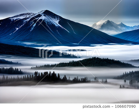 mountainous landscapes misty atmosphere artful hues. 106607090