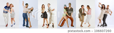 Collage. Stylish men and women dancing in retro clothes on white background. Vintage style. 106607260