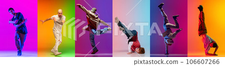 Freestyle. Collage made with images of break dance or hip hop dancer in action, motion isolated over multicolored background in neon 106607266