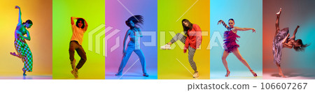 Collage. Artistic, talented young women, dancers making creative dance performance against multicolor background in neon light 106607267