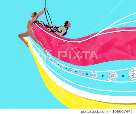 Contemporary art collage of female professional rhythmic gymnastics in motion and action over vivid background with abstract drawings. Stretching. Contemporary art collage of female professional rhythmic gymnastics in motion and action over vivid background with abstract drawings. Stretching. 106607445