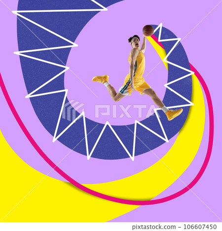 Contemporary art collage. Young professional basketball player in action, motion over vivid background with colorful abstract drawings. Contemporary art collage. Young professional basketball player in action, motion over vivid background with colorful abstract drawings. 106607450