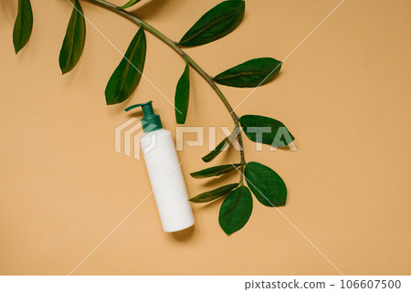 Minimal composition with skin care cosmetics and green on a pastel beige background. Flat lay. Minimal composition with skin care cosmetics and green on a pastel beige background. Flat lay. 106607500