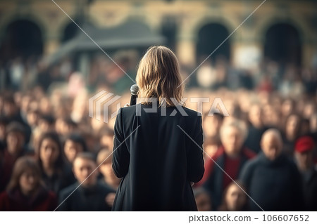 Empowering Female Leadership Woman Politician Advocating Ideas and Engaging Citizens in Political Discourse on Stage. created with Generative AI 106607652