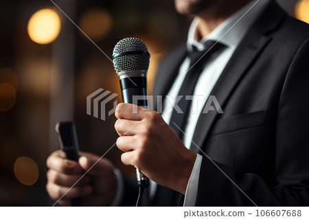 Business Man Holding Microphone, Delivering Speech in Suit for Audience Concept. Toasts, Karaoke, Talent Show, and Singing Contest. created with Generative AI 106607688