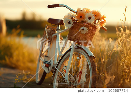Vintage Bicycle Resting in Sunlit Grass Field at Sunset, Adorned with Wicker Basket and Artificial Flowers. created with Generative AI 106607714