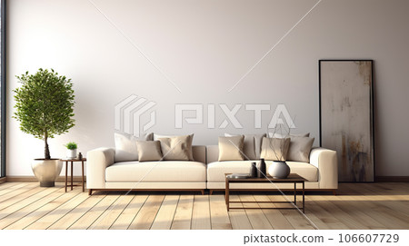Contemporary Elegance Spacious Living Room with White Empty Wall, Hardwood Floors, Designer Furniture, and Cozy Fluffy Rug. created with Generative AI 106607729