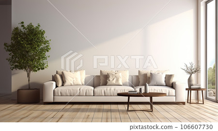 Contemporary Elegance Spacious Living Room with White Empty Wall, Hardwood Floors, Designer Furniture, and Cozy Fluffy Rug. created with Generative AI 106607730