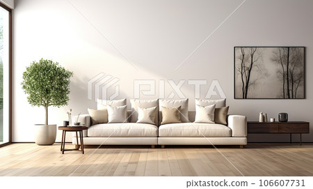 Contemporary Elegance Spacious Living Room with White Empty Wall, Hardwood Floors, Designer Furniture, and Cozy Fluffy Rug. created with Generative AI 106607731