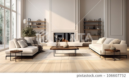Contemporary Elegance Spacious Living Room with White Empty Wall, Hardwood Floors, Designer Furniture, and Cozy Fluffy Rug. created with Generative AI 106607732