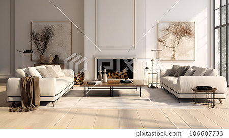 Contemporary Elegance Spacious Living Room with White Empty Wall, Hardwood Floors, Designer Furniture, and Cozy Fluffy Rug. created with Generative AI Contemporary Elegance Spacious Living Room with White Empty Wall, Hardwood Floors, Designer Furniture, and Cozy Fluffy Rug. created with Generative AI 106607733