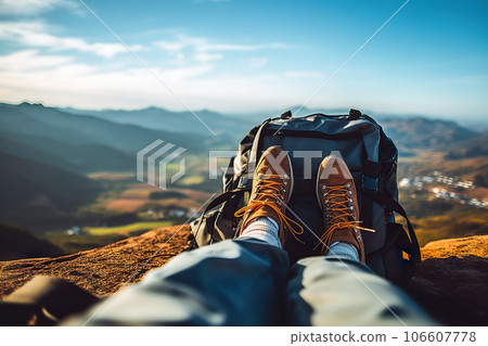Adventurous Trekking Journey Tourist's Feet, Backpack, and Camera Capturing Stunning Panoramic Mountain Landscape. created with Generative AI 106607778