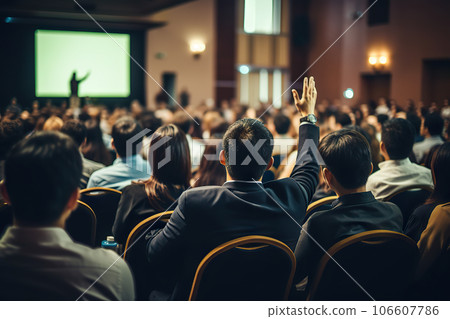 Engaging Speaker at Conference Hall Rear View of Audience in Business and Education Concept. created with Generative AI Engaging Speaker at Conference Hall Rear View of Audience in Business and Education Concept. created with Generative AI 106607786