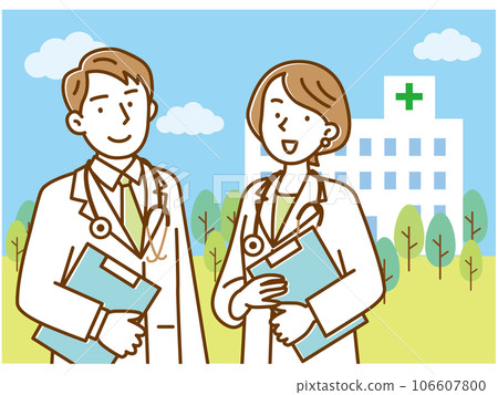 A young male and female doctor and a hospital with a chart 106607800