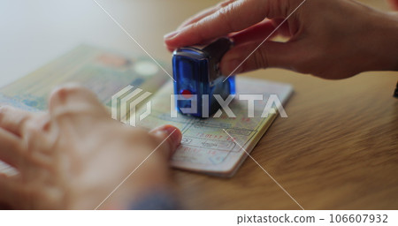 The concept of obtaining a stamp in the passport on entry into the territory of another state. Visa stamp in passport ID. Entry in foreign country. 106607932