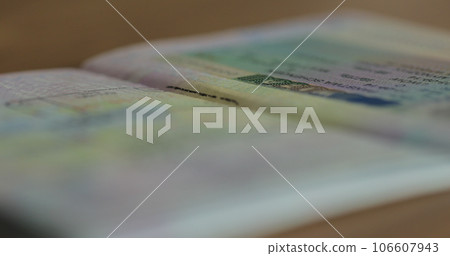 The concept of obtaining a stamp in the passport on entry into the territory of another state. Visa stamp in passport ID. Entry in foreign country. 106607943