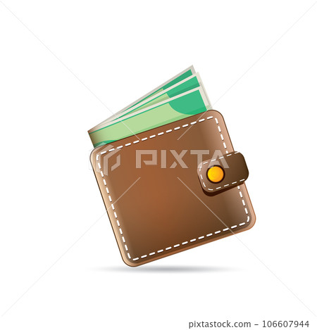 vector brown wallet with green paper dollars money isolated on white background. finance mobile app or mobile banking icon, label and sign design template. Wallet with money top view vector brown wallet with green paper dollars money isolated on white background. finance mobile app or mobile banking icon, label and sign design template. Wallet with money top view 106607944