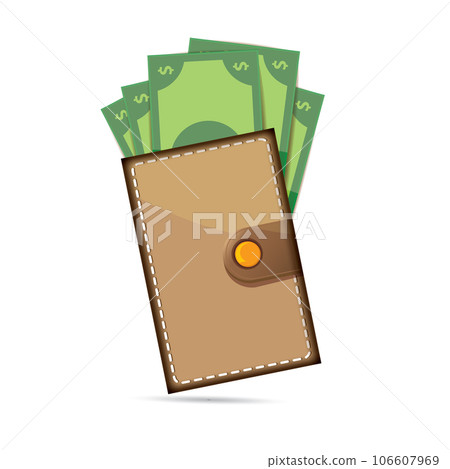 vector brown wallet with green paper dollars money isolated on white background. finance mobile app or mobile banking icon, label and sign design template. Wallet with money top view vector brown wallet with green paper dollars money isolated on white background. finance mobile app or mobile banking icon, label and sign design template. Wallet with money top view 106607969