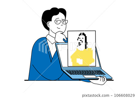 NFT token concept with people scene in flat web design. Man creating digital picture masterpiece and cryptocurrency at marketplace. Vector illustration for social media banner, marketing material. 106608029