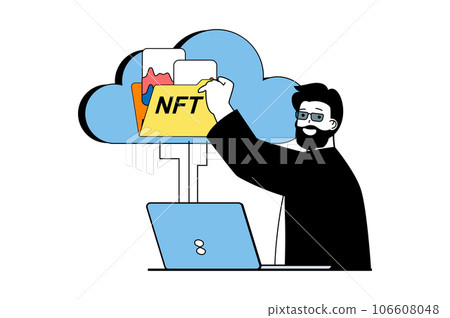 NFT token concept with people scene in flat web design. Man creating digital artworks for virtual selling and uploading files in cloud. Vector illustration for social media banner, marketing material. NFT token concept with people scene in flat web design. Man creating digital artworks for virtual selling and uploading files in cloud. Vector illustration for social media banner, marketing material. 106608048