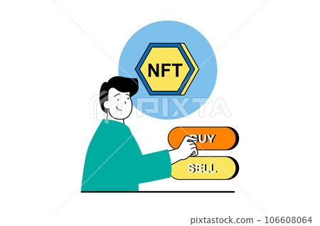 NFT token concept with people scene in flat web design. Man buying and selling digital unique artworks with cryptocurrency payments. Vector illustration for social media banner, marketing material. 106608064